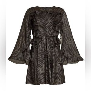 BCBGMAXAZRIA Women's Size Lg Black Metallic Stripe Ruffle Bell Sleeve Mini Dress